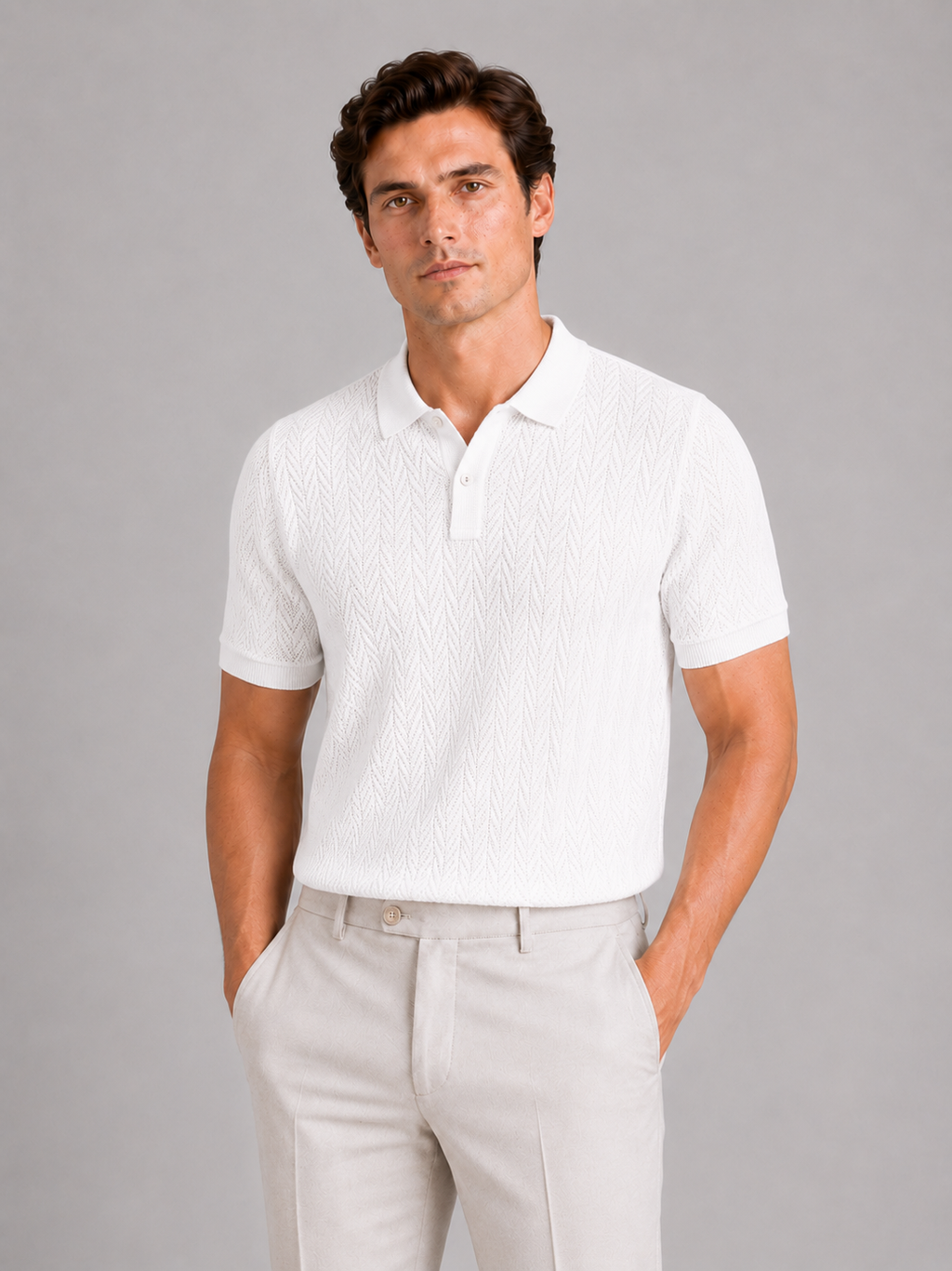 Men wearing white knit polo shirt short sleeve breathable solid color summer casual style