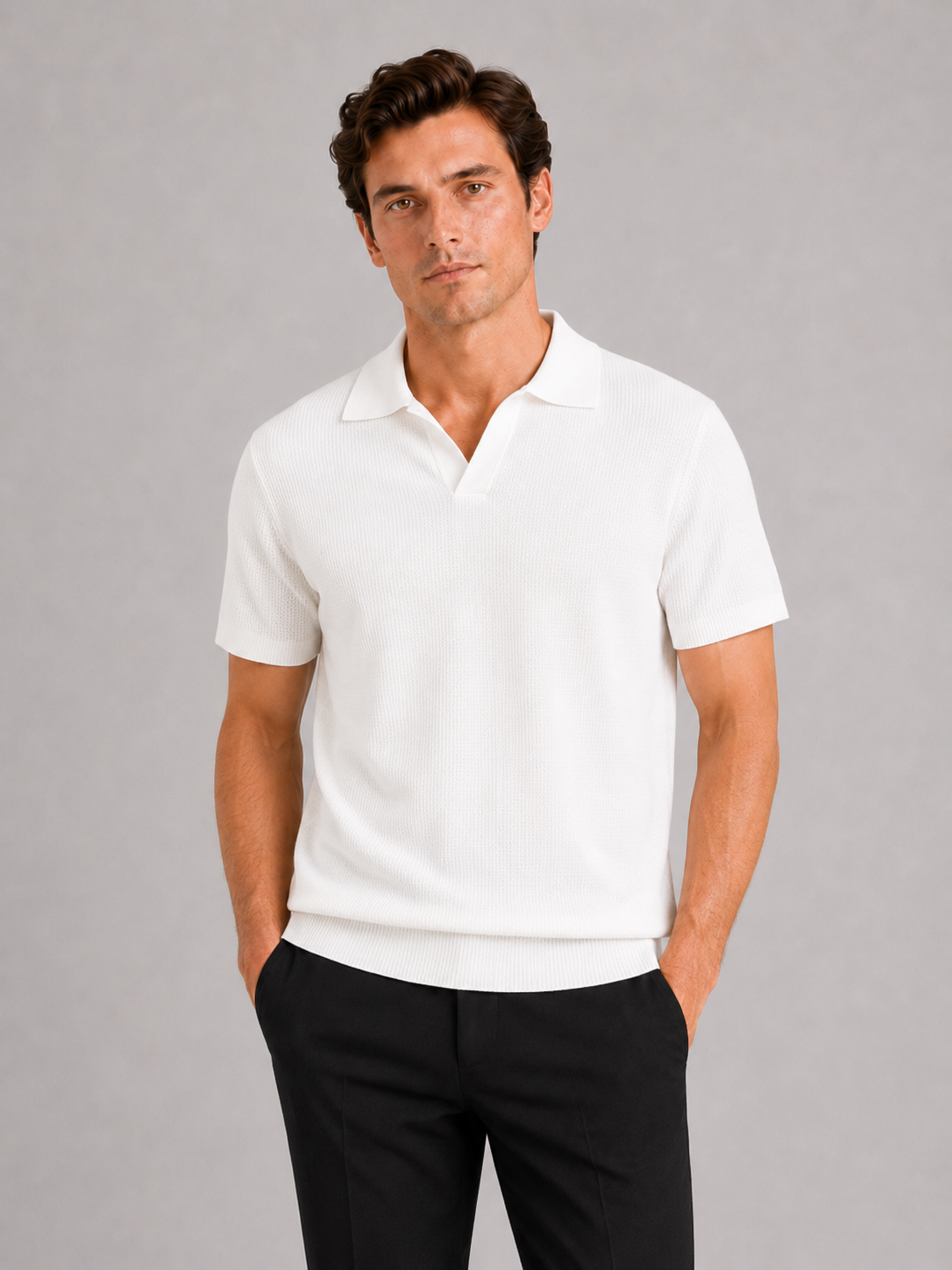 Men wearing white knit polo t shirt solid color short sleeve lightweight summer business casual style