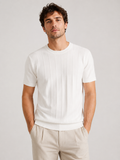Men wearing white knit t shirt lightweight breathable refined summer quiet luxury style