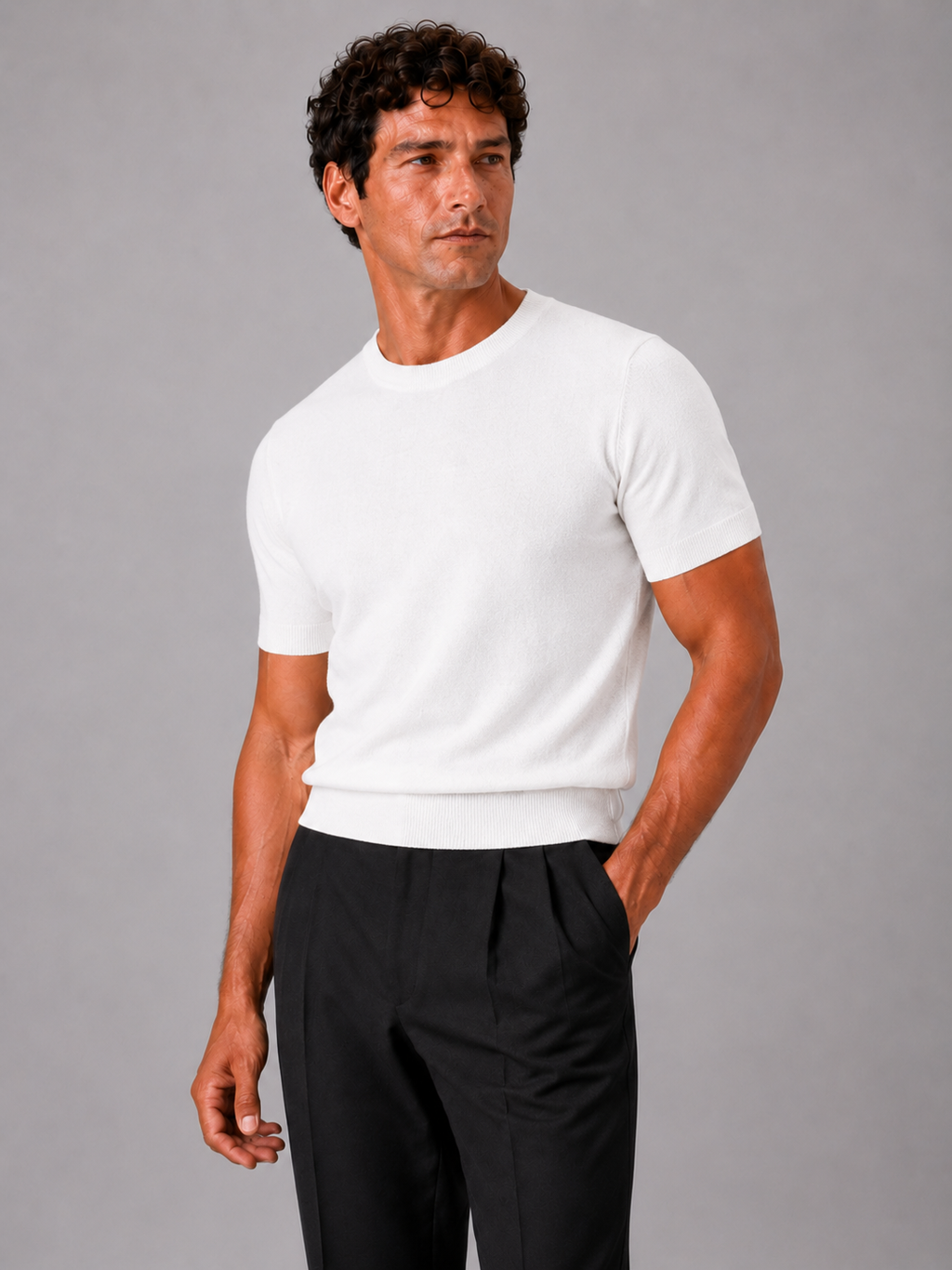 Men wearing white knit t shirt lightweight short sleeve summer lounge top with crew neck
