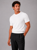 Men wearing white knit t shirt lightweight short sleeve summer lounge top with crew neck