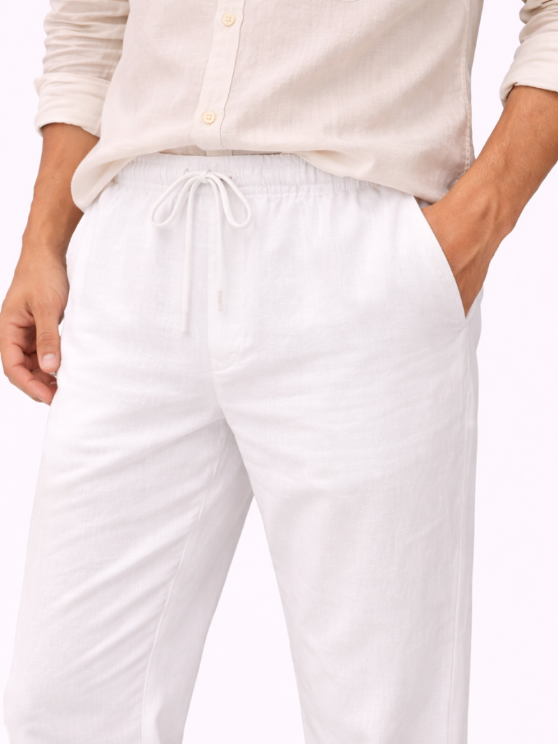 Men’s white linen trousers relaxed fit lightweight comfortable beach and vacation wear