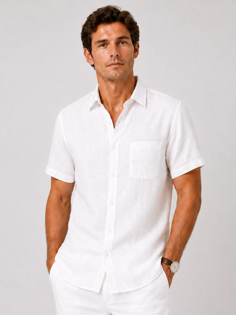 Men wearing white linen short sleeve shirt lightweight breathable coastal casual summer style