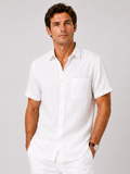 Men wearing white linen short sleeve shirt lightweight breathable coastal casual summer style