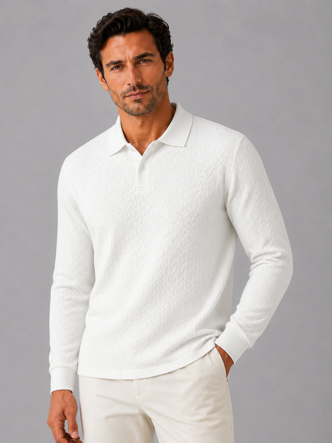 Men wearing white long sleeve polo shirt business casual knit top for smart casual wear