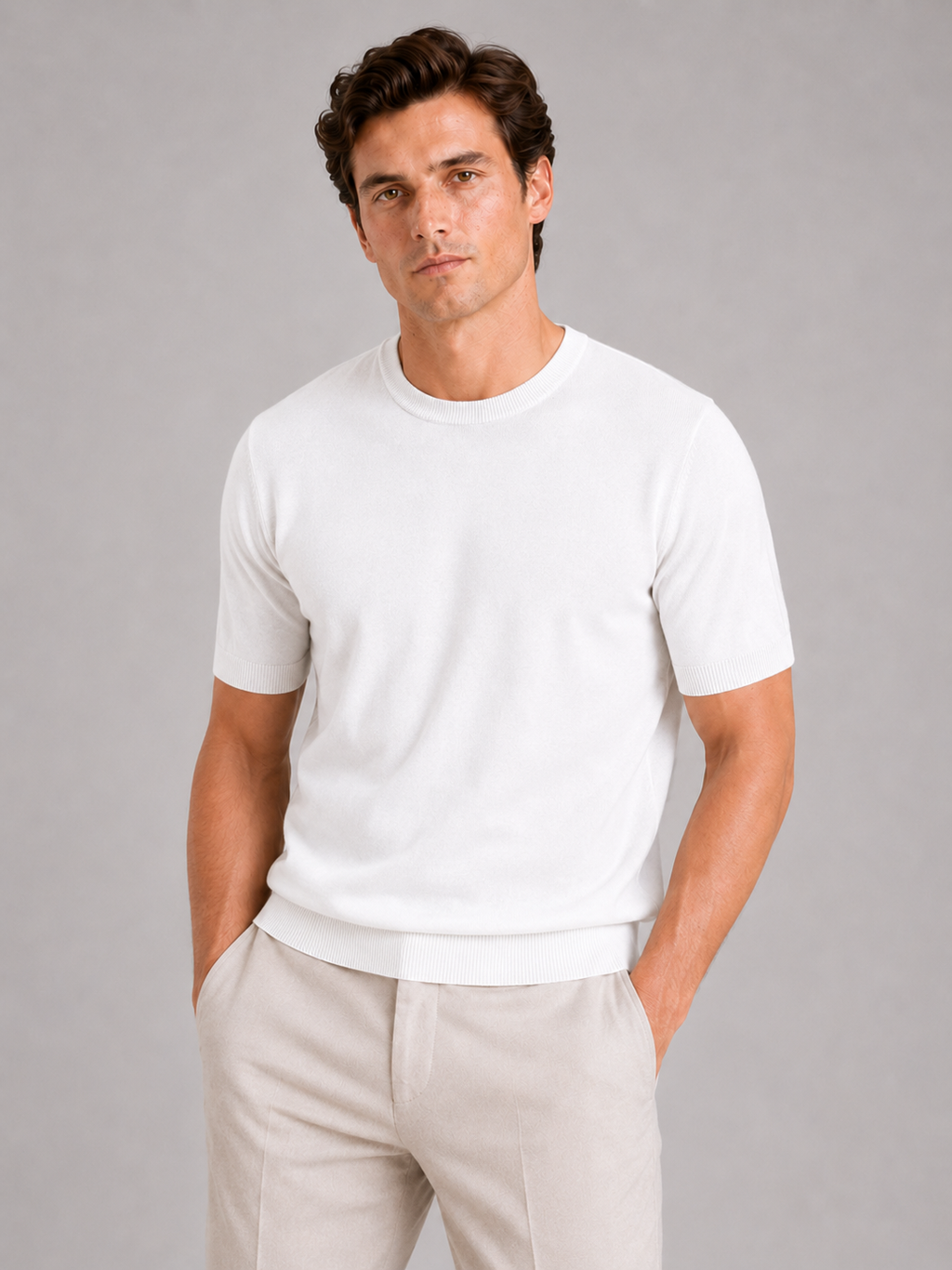 Men wearing white merino wool knit t shirt short sleeve crew neck lightweight summer style