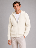 Men wearing white merino wool zip hoodie cardigan thick knit fall winter casual style