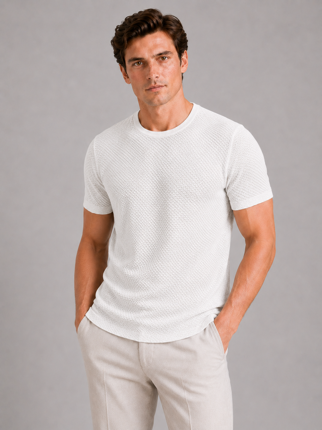 Men wearing white mesh crew neck t shirt breathable lightweight stretch summer casual style