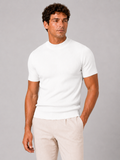 Men wearing white mock neck ribbed t shirt fitted stretch short sleeve summer style