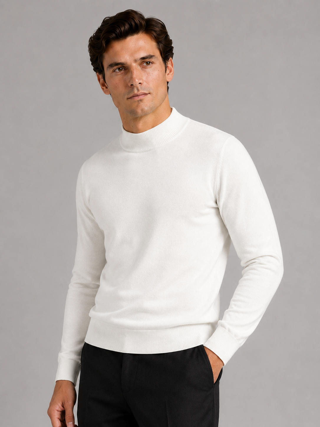 Men wearing white mock neck sweater slim fit knit pullover warm winter casual style