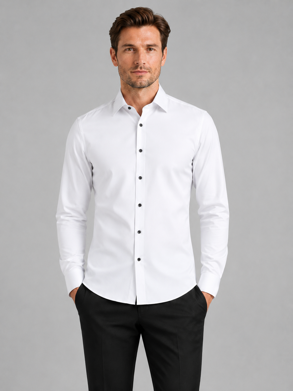 Men wearing white button down shirt long sleeve non iron stretch business casual office style