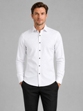 Men wearing white button down shirt long sleeve non iron stretch business casual office style