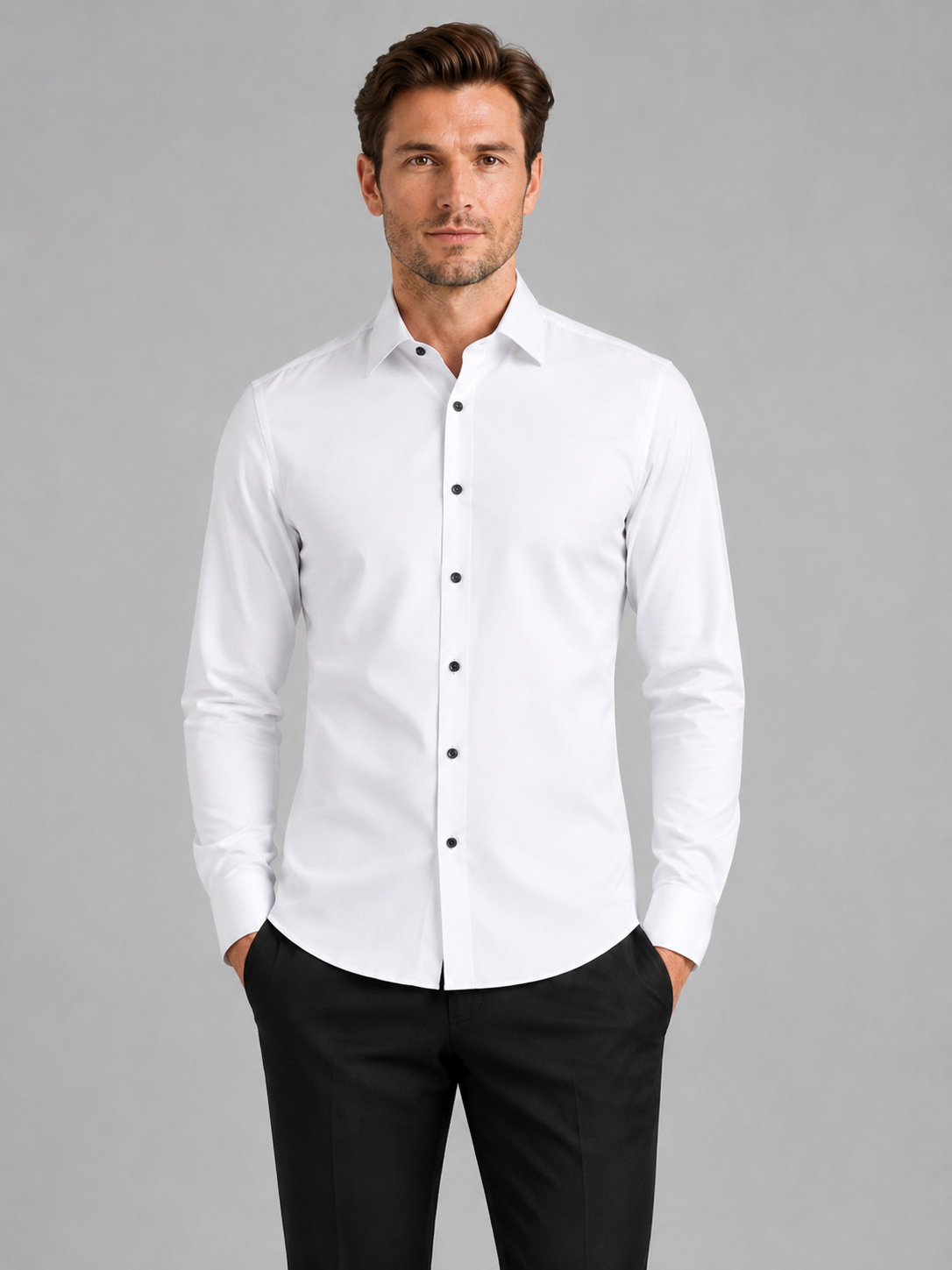 Men wearing white button down shirt long sleeve non iron stretch business casual office style