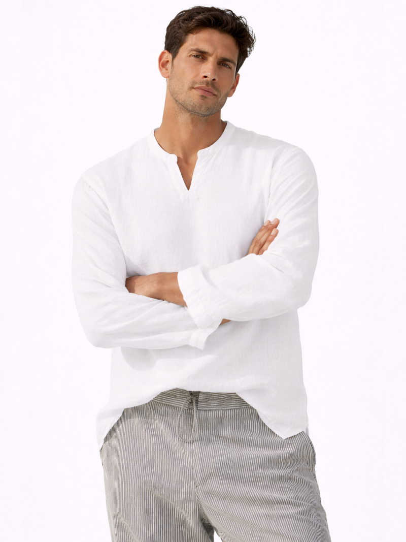 Men’s white organic linen V-neck long sleeve shirt, breathable lightweight summer fashion essential