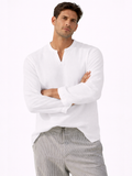 Men’s white organic linen V-neck long sleeve shirt, breathable lightweight summer fashion essential