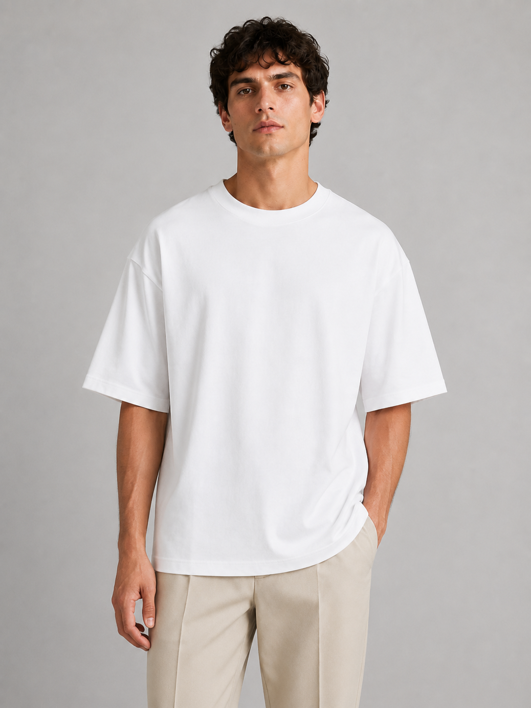 Men wearing white oversized crew neck t shirt relaxed fit short sleeve lightweight summer style