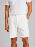 Men wearing white pleated linen blend shorts tailored fit lightweight breathable summer style