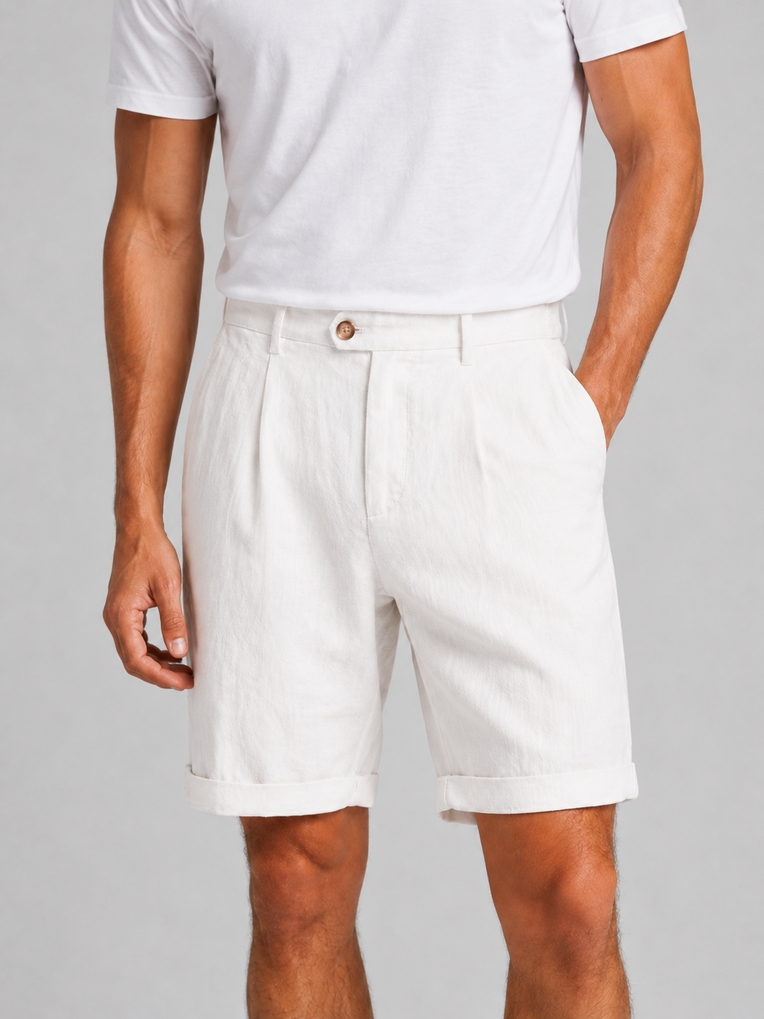 Men wearing white pleated linen blend shorts tailored fit lightweight breathable summer style