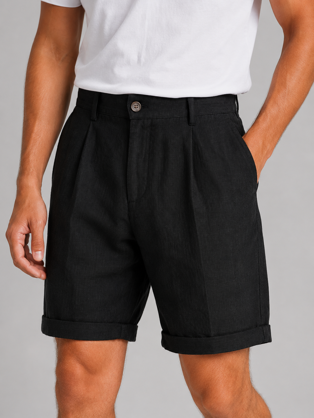 Black linen blend shorts for men pleated design refined smart casual vacation outfit