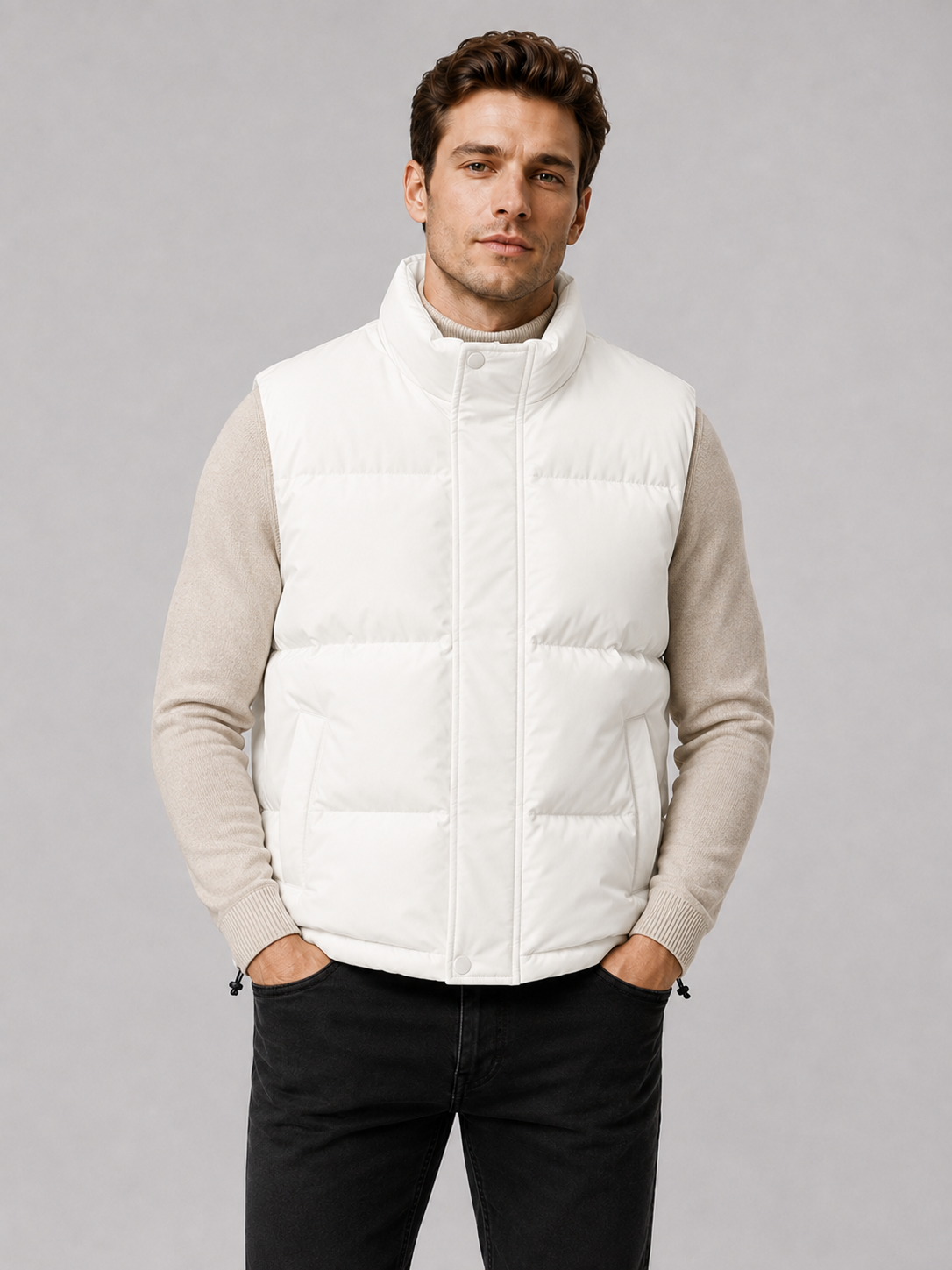 Front view of a man wearing a white puffer vest with a thick insulated design, stand collar, and full zip front