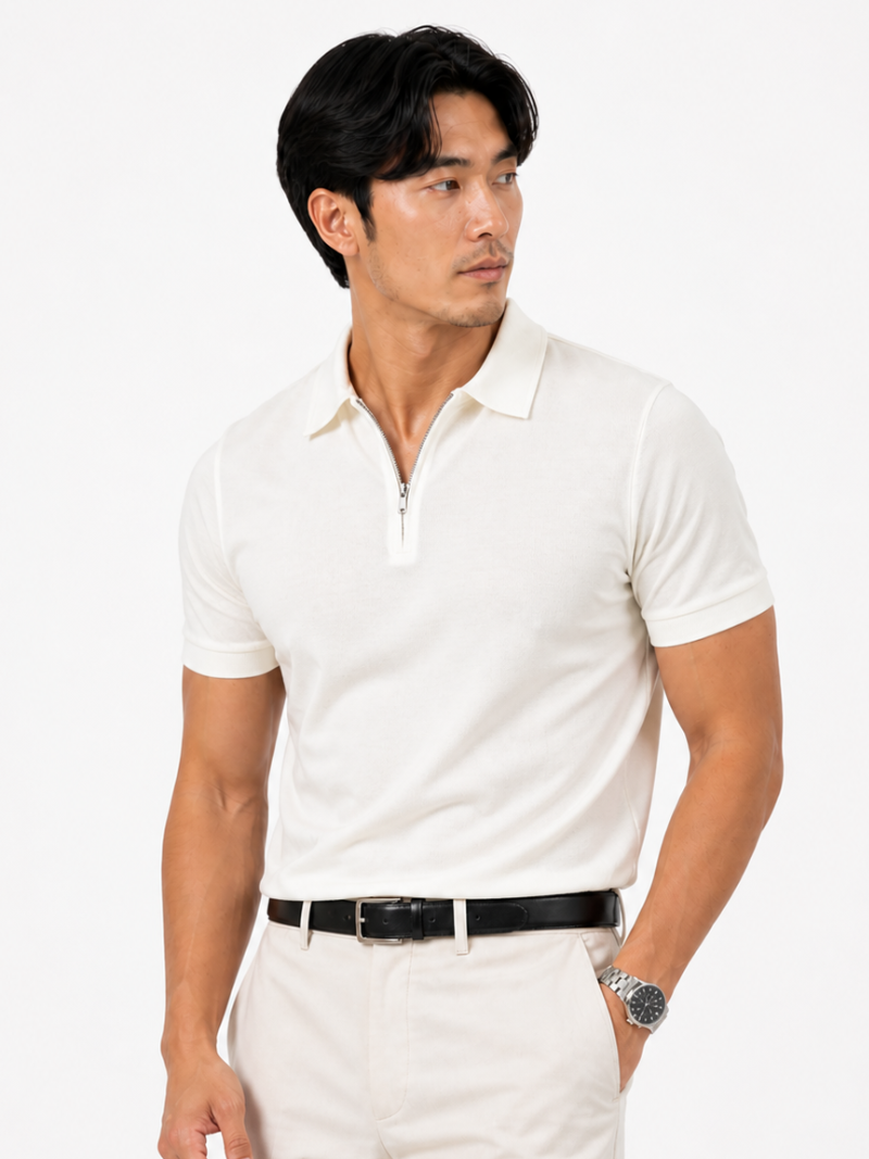 White quarter zip polo shirt for men soft breathable fabric refined smart casual outfit
