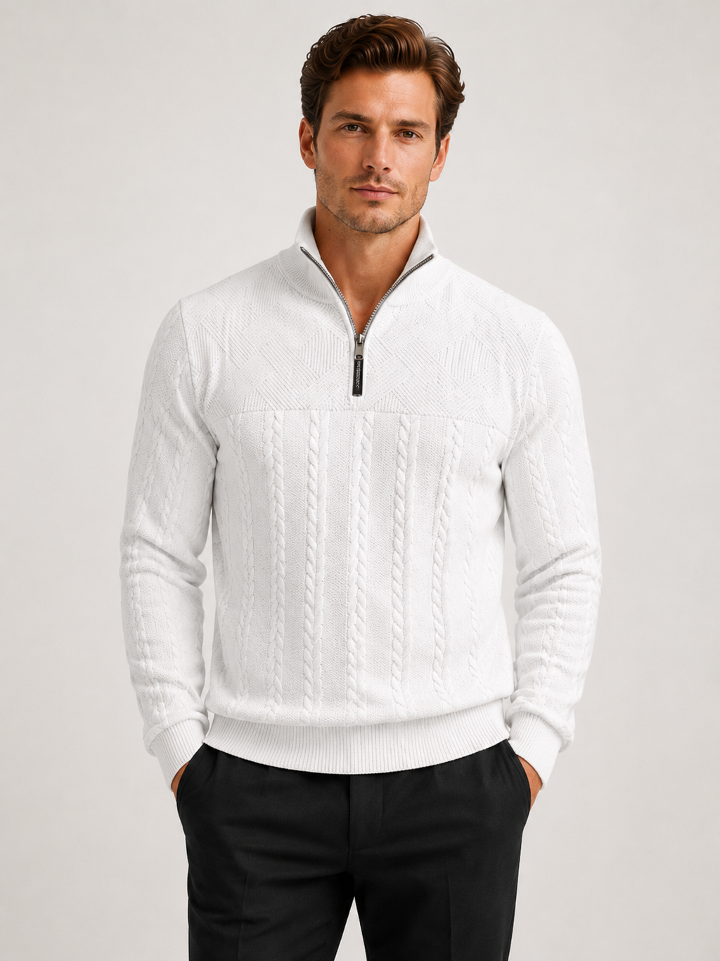 Men wearing white jacquard quarter zip sweater long sleeve warm fall winter casual style