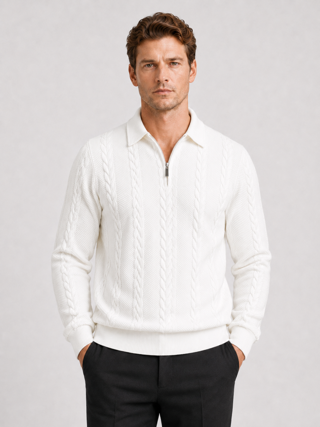 Men wearing white quarter zip sweater long sleeve turn down collar fall winter casual style