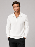 Front view of a man wearing a white lightweight knit quarter zip polo sweater with long sleeves