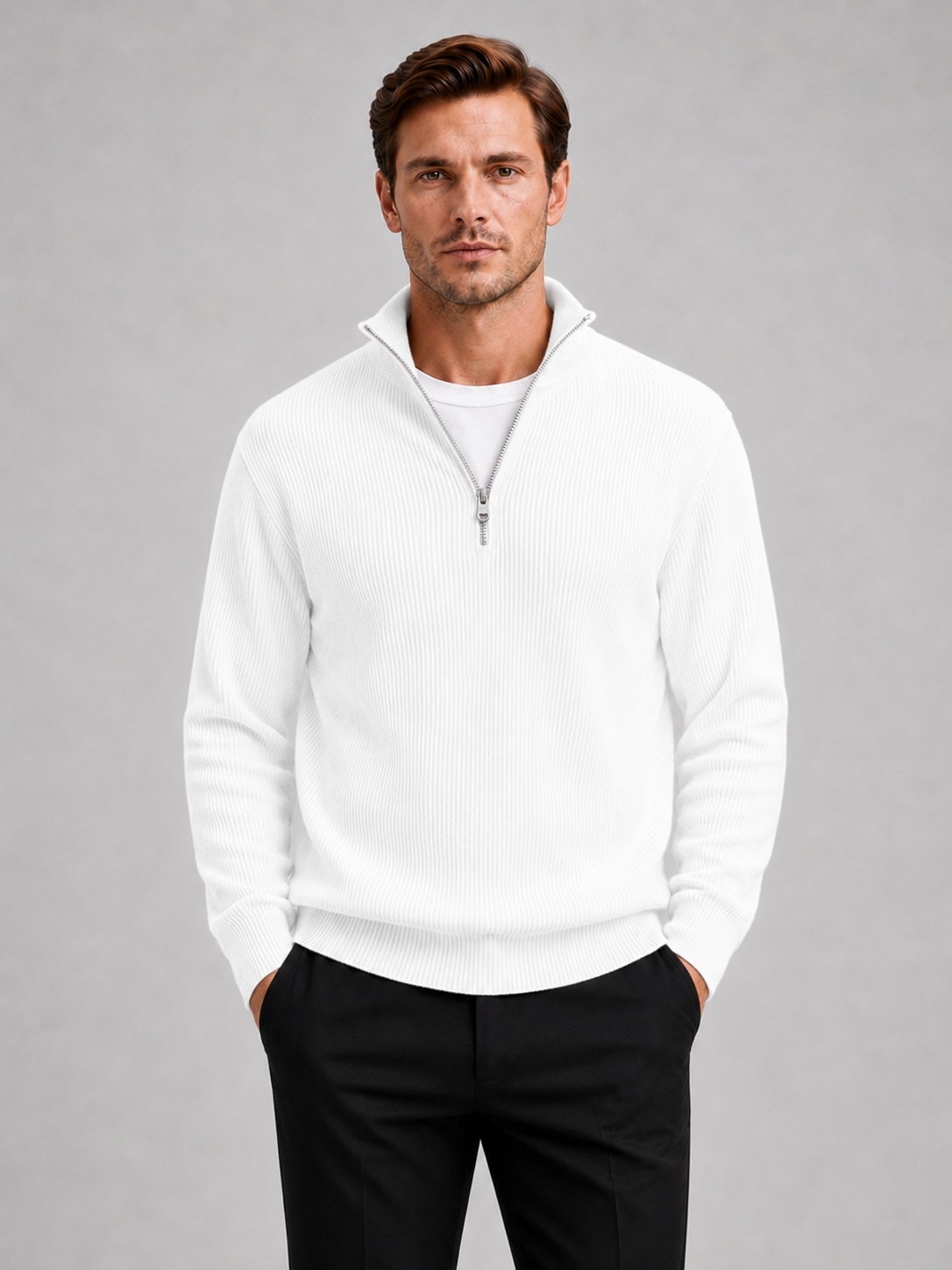 Men wearing white ribbed quarter zip sweater stand collar long sleeve fall winter business casual style