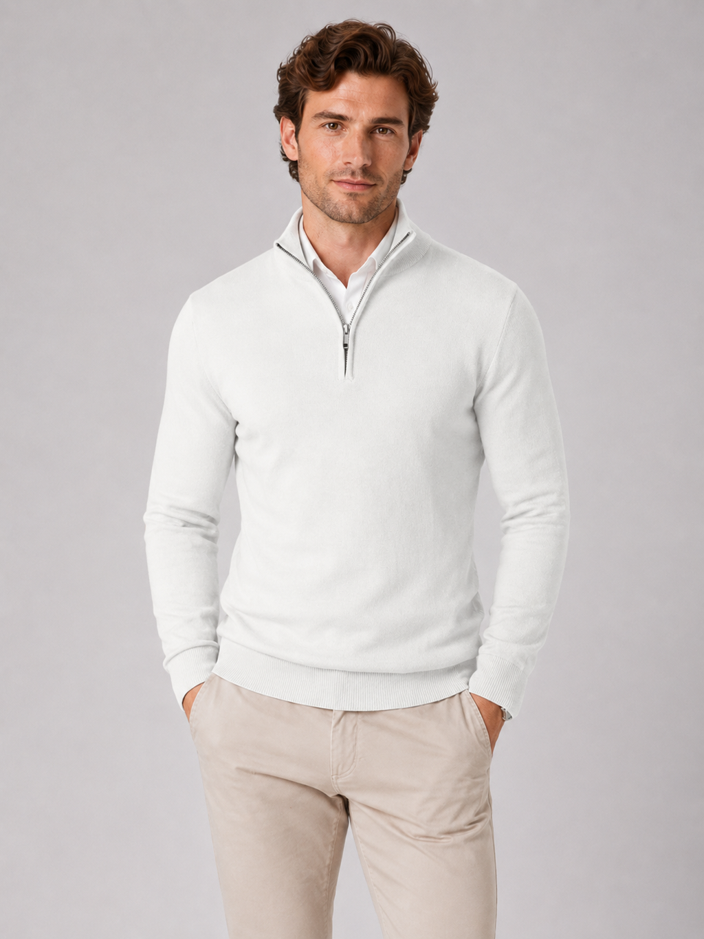 Men wearing white quarter zip sweater slim fit lightweight mock neck spring fall casual style