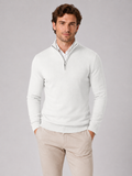 Men wearing white quarter zip sweater slim fit lightweight mock neck spring fall casual style