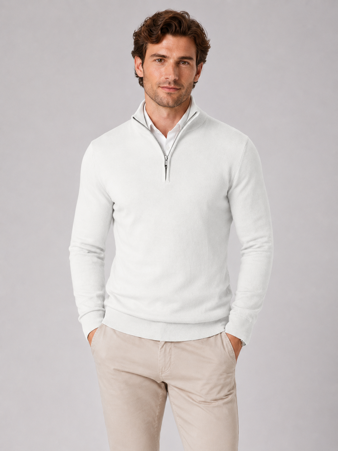 Men wearing white quarter zip sweater slim fit lightweight mock neck spring fall casual style