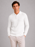 Men wearing white ribbed long sleeve polo shirt lightweight casual vacation style