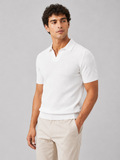 Men wearing white knit polo shirt lightweight breathable stretch short sleeve summer style