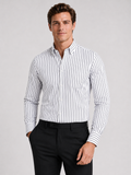 Men wearing white striped button down long sleeve shirt slim fit business casual office style