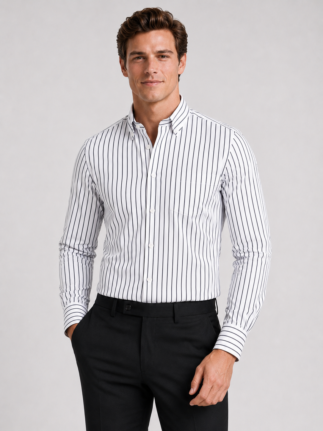 Men wearing white striped button down long sleeve shirt slim fit business casual office style