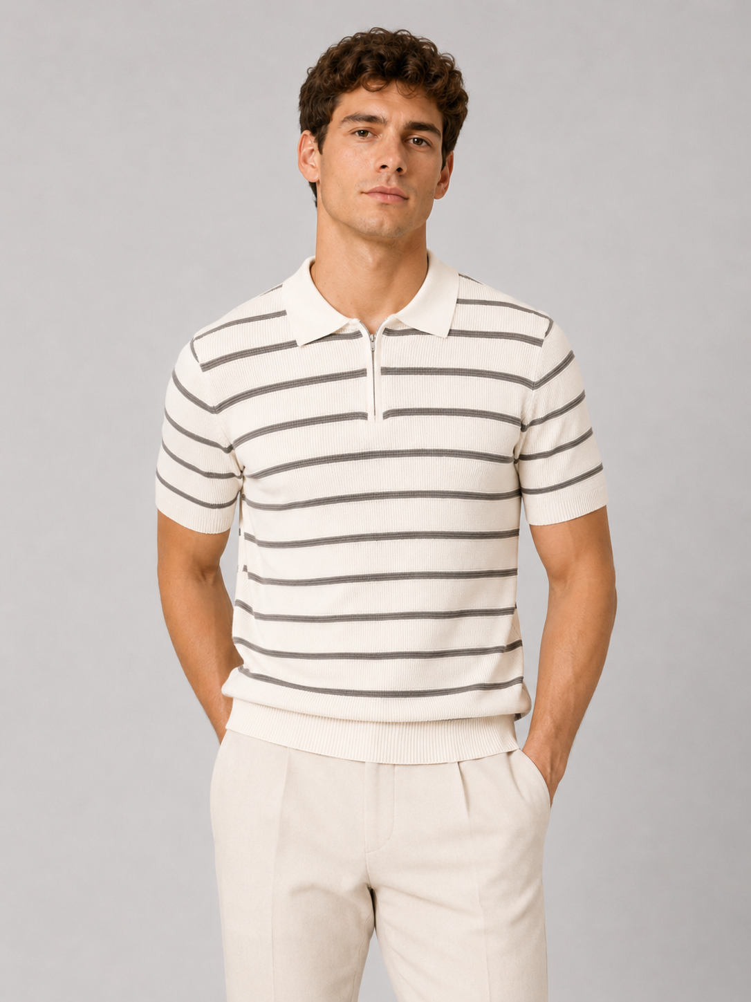 White striped quarter zip polo shirt for men soft knit fabric business casual outfit