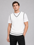 Men wearing white sweater vest v neck slim fit patchwork knit fall winter business casual style