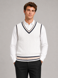 Men wearing white striped sweater vest v neck thick knit fall winter preppy casual style