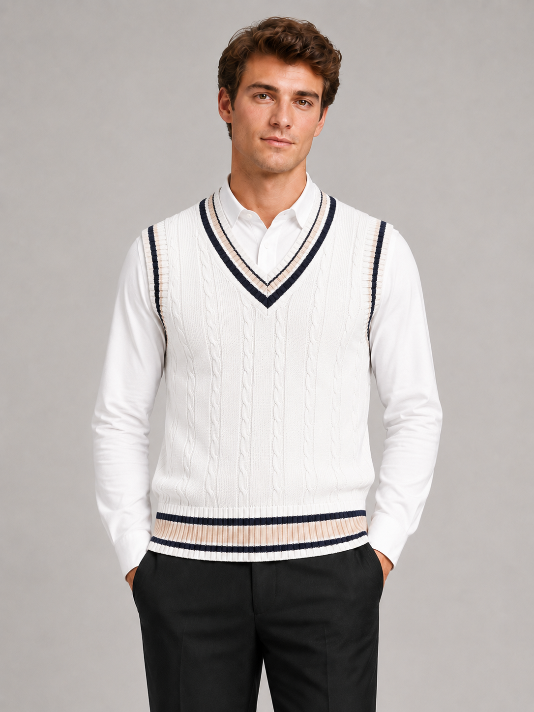 Men wearing white striped sweater vest v neck thick knit fall winter preppy casual style
