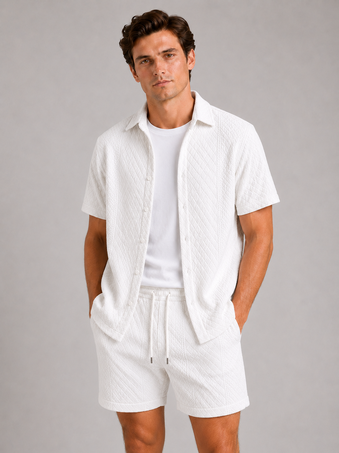 Men wearing white textured summer matching set short sleeve two piece outfit vacation style