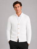 Men wearing white v neck cardigan sweater slim fit long sleeve knit business casual style
