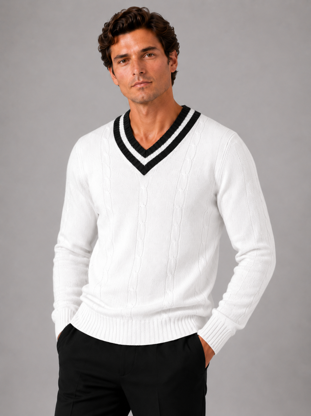 Men wearing white v neck knit sweater breathable warm long sleeve fall winter casual style