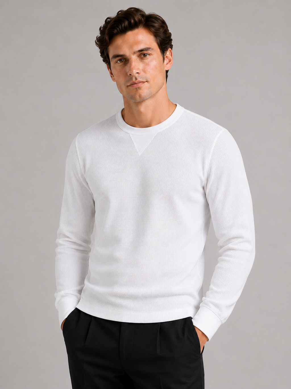 Men wearing White waffle knit shirt long sleeve crewneck fall winter casual style