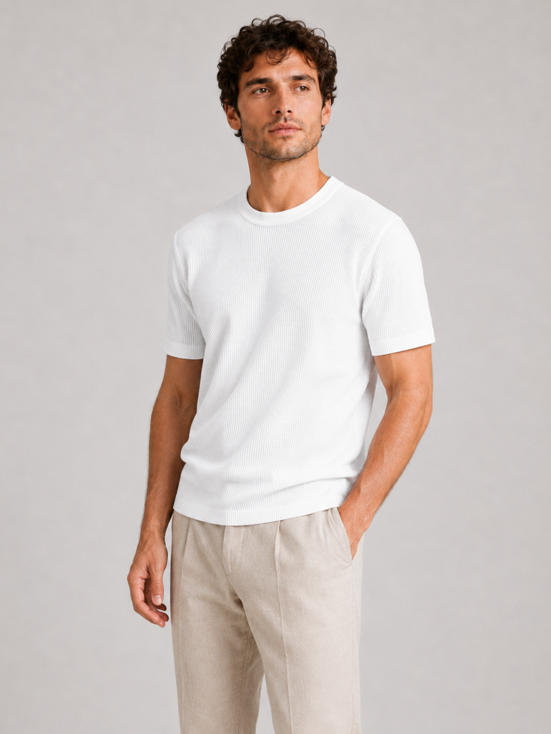 Men wearing white waffle knit t shirt crew neck lightweight relaxed summer casual style