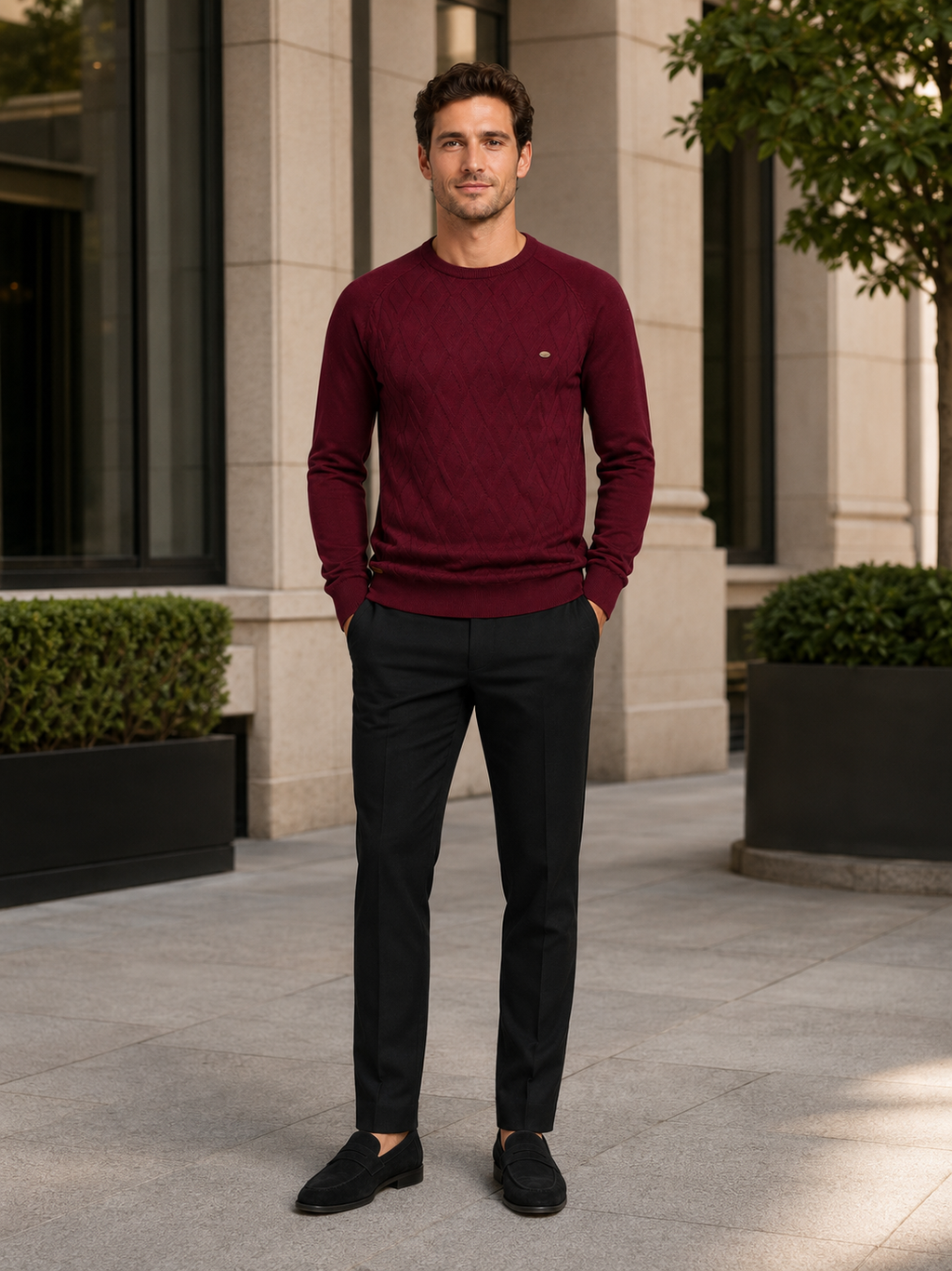 Man wearing a wine argyle crew neck sweater in a refined business casual winter outfit