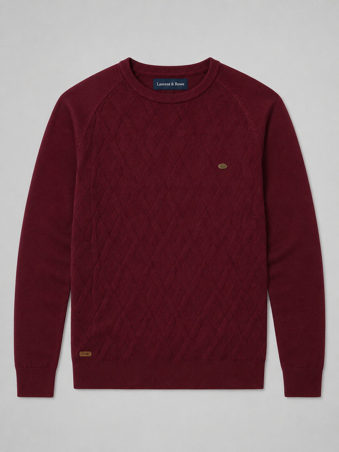 Wine men’s argyle crew neck knit sweater displayed on a plain background