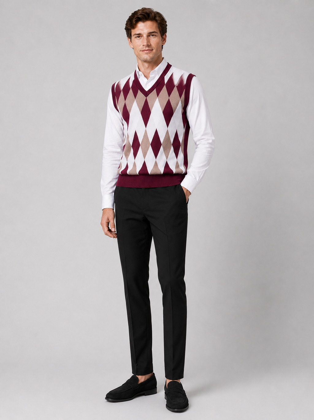 Wine argyle sweater vest for men slim fit lightweight layer for business casual wear