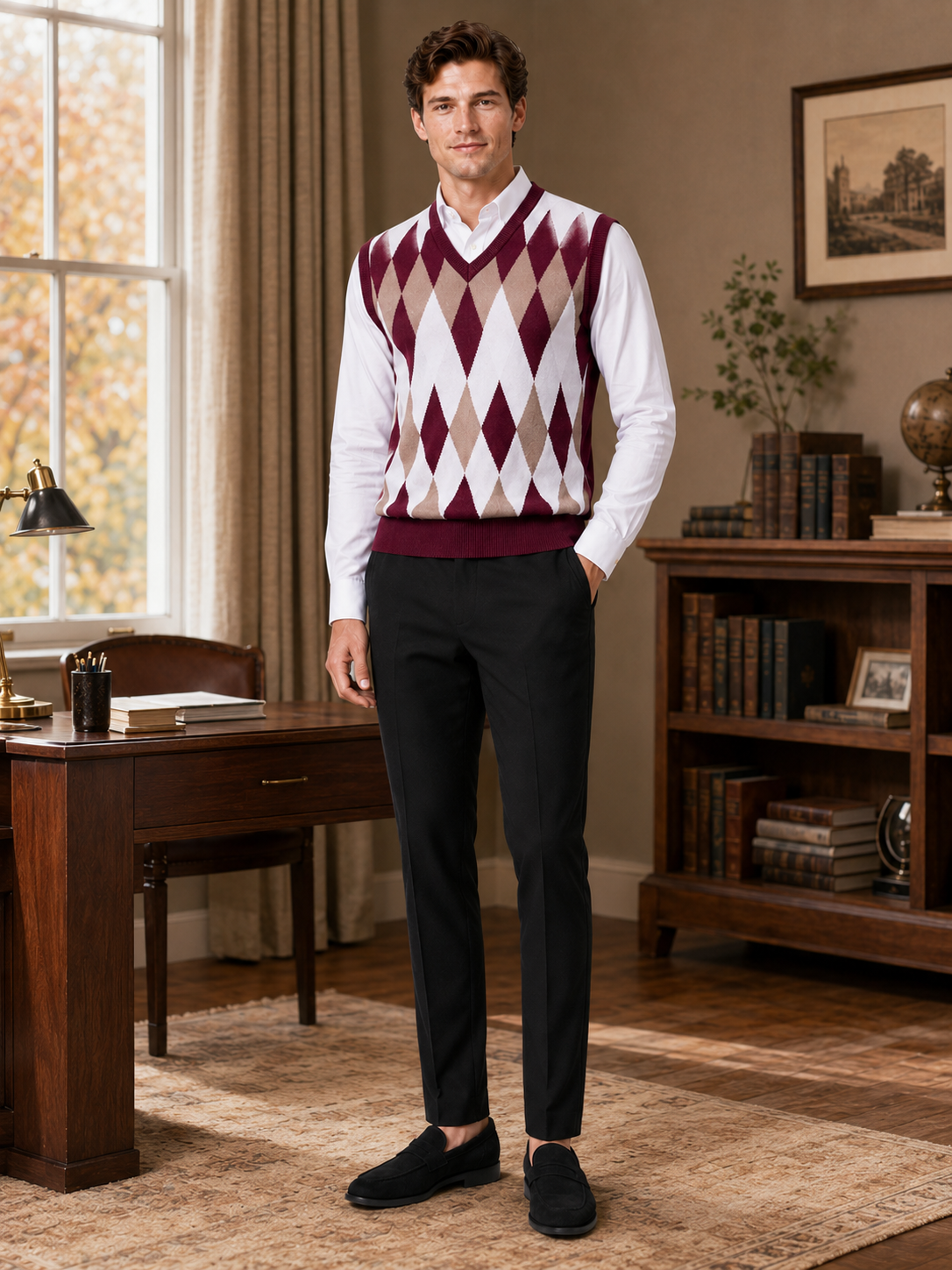 Man styling wine argyle sweater vest in a refined business casual and everyday lifestyle outfit
