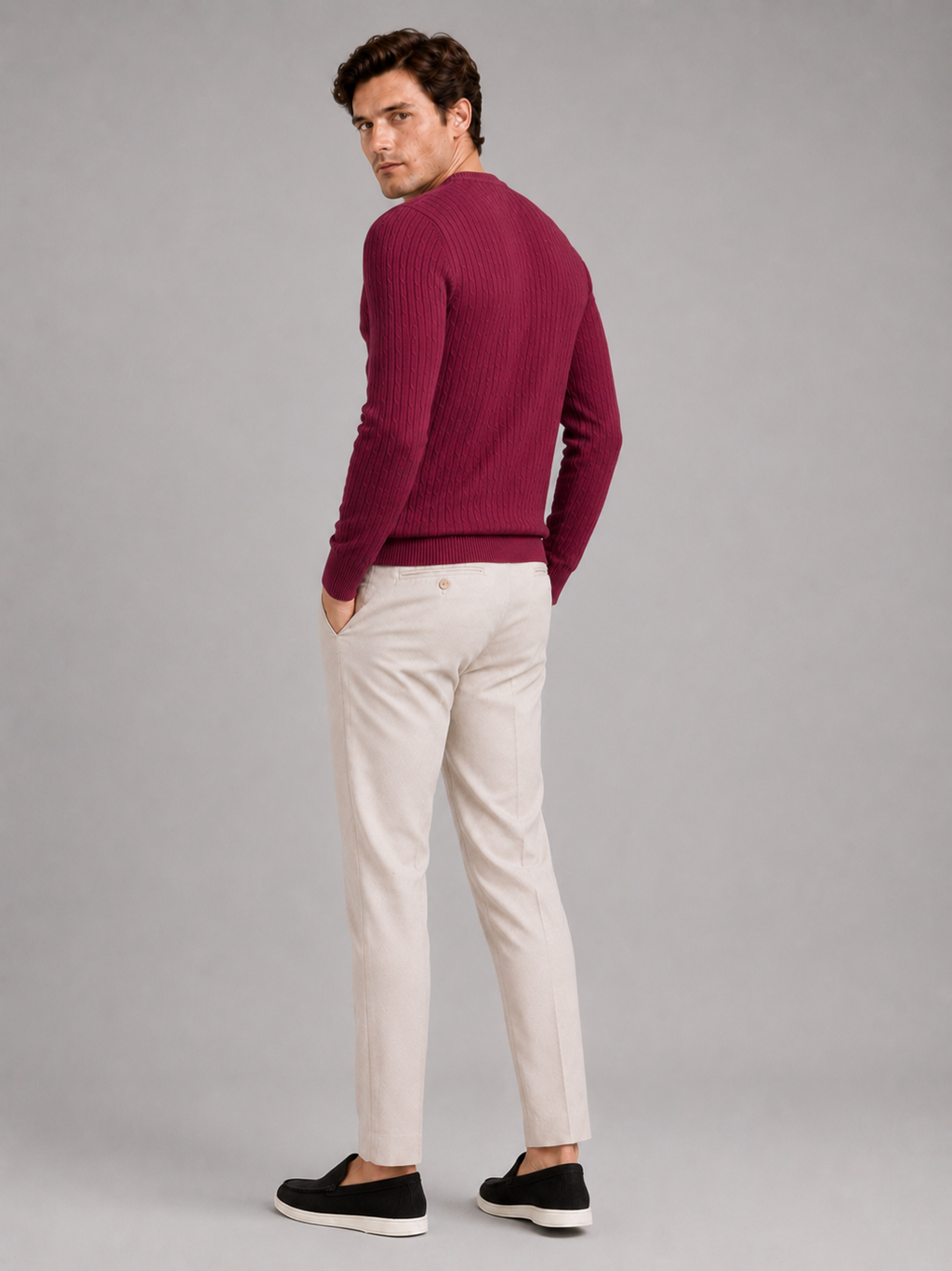 Wine crew neck cable knit sweater for men lightweight pullover for everyday spring wear